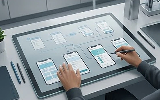 Designer arranging mobile screen layouts and user flows on a large touch display