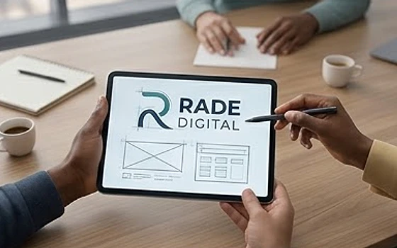 Hands sketching a website wireframe on a tablet during a planning conversation
