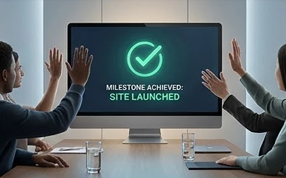 People celebrating in front of a screen showing a site launched message